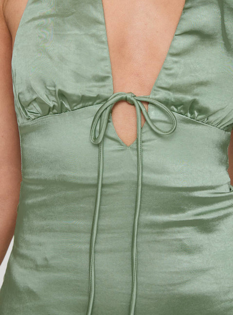 back view of model wearing Princess Polly Lanier Mini Dress Sage Plunger 