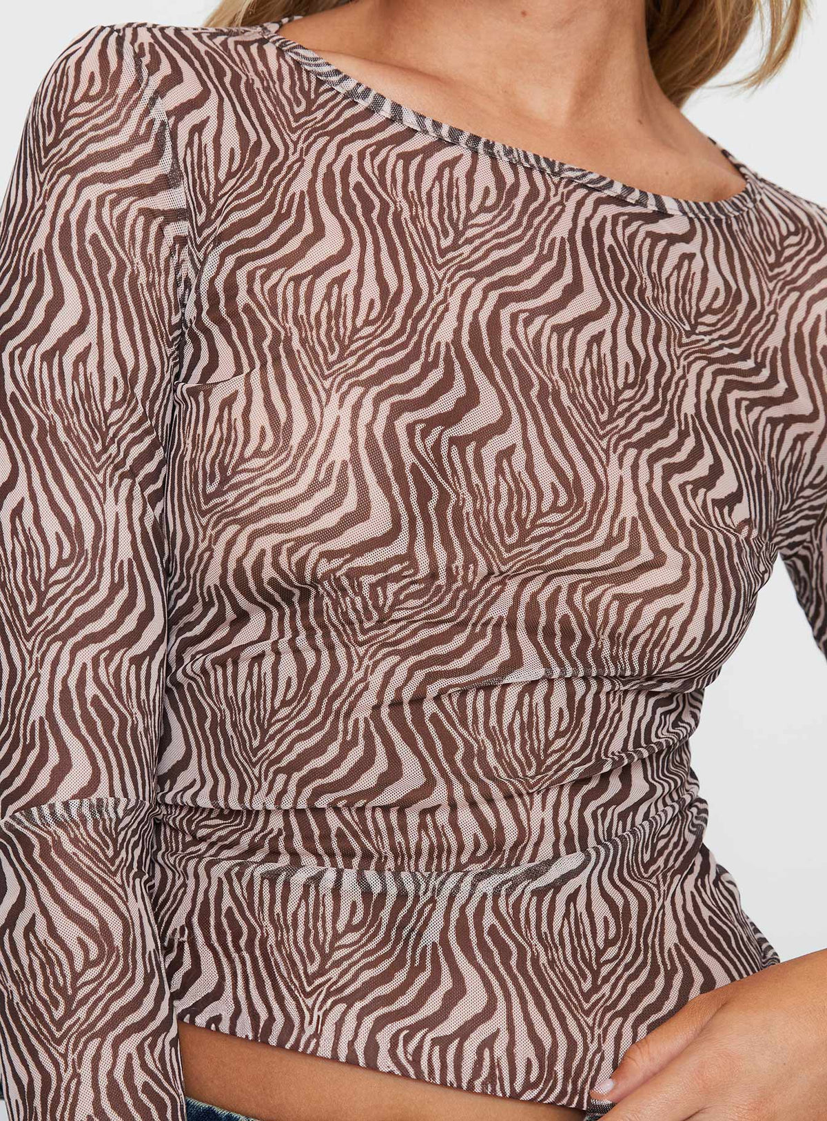 back view of model wearing Princess Polly Believe Me Long Sleeve Top Zebra Full Sleeves Boat Neck 