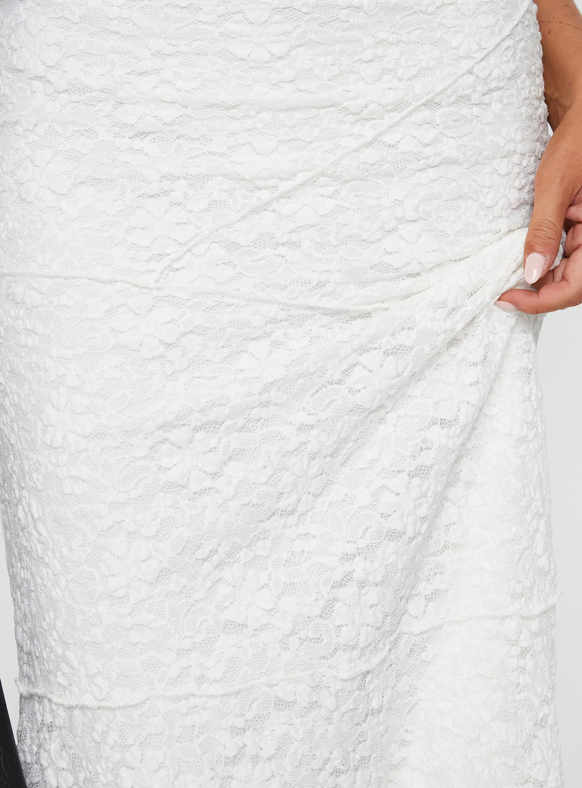 back view of model wearing Princess Polly Mathylda Asymmetrical Lace Maxi Skirt White Midi Skirts Midi Skirts 