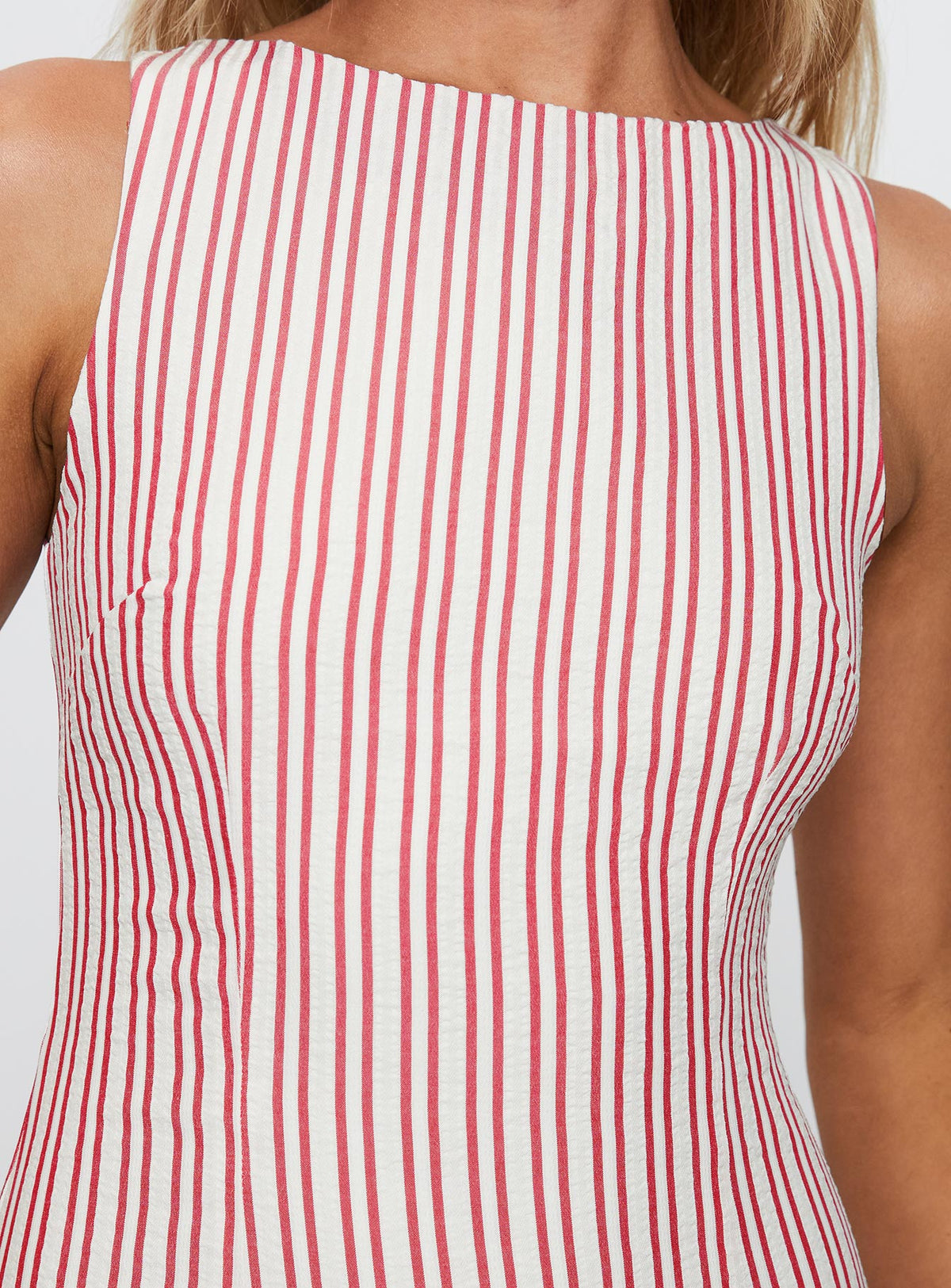 back view of model wearing Princess Polly Alfalfa Shift Mini Dress Red Stripe Boat Neck 