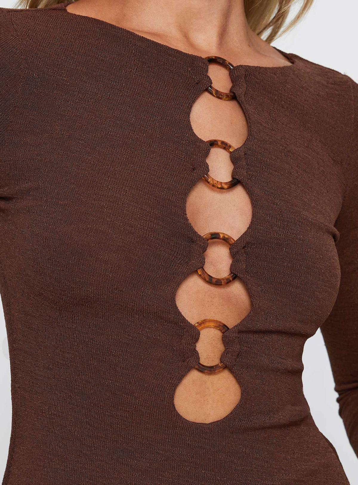 back view of model wearing Princess Polly Dejonge Ring Mini Dress Brown Crew Neck 