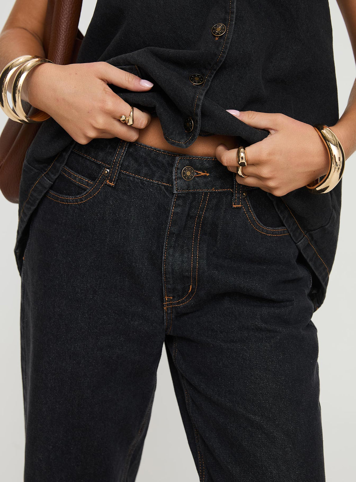 back view of model wearing Princess Polly Top Model Low Rise Straight Leg Jeans Charcoal High Rise Jeans Jeans 