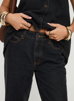 back view of model wearing Princess Polly Top Model Low Rise Straight Leg Jeans Charcoal High Rise Jeans Jeans 