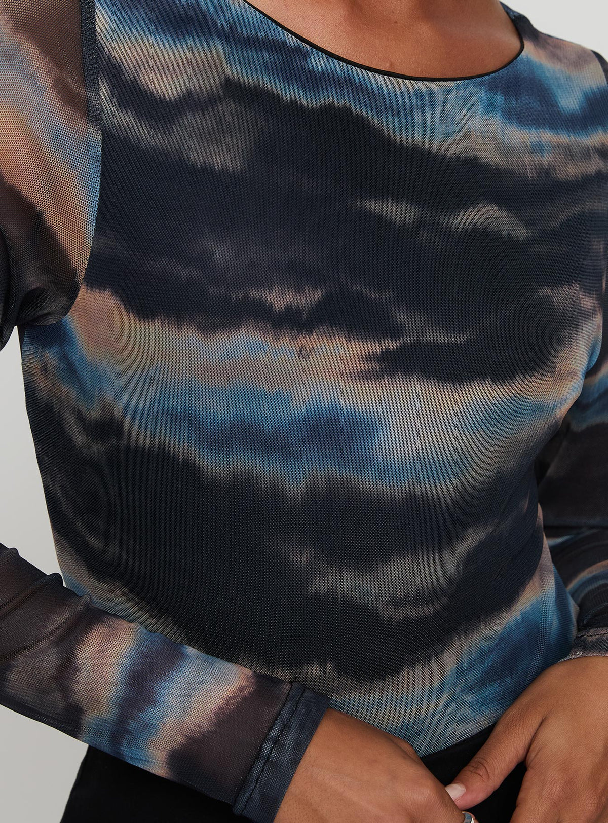 back view of model wearing Princess Polly Agate Long Sleeve Bodysuit Multi Long Sleeve Tops Bodysuit 