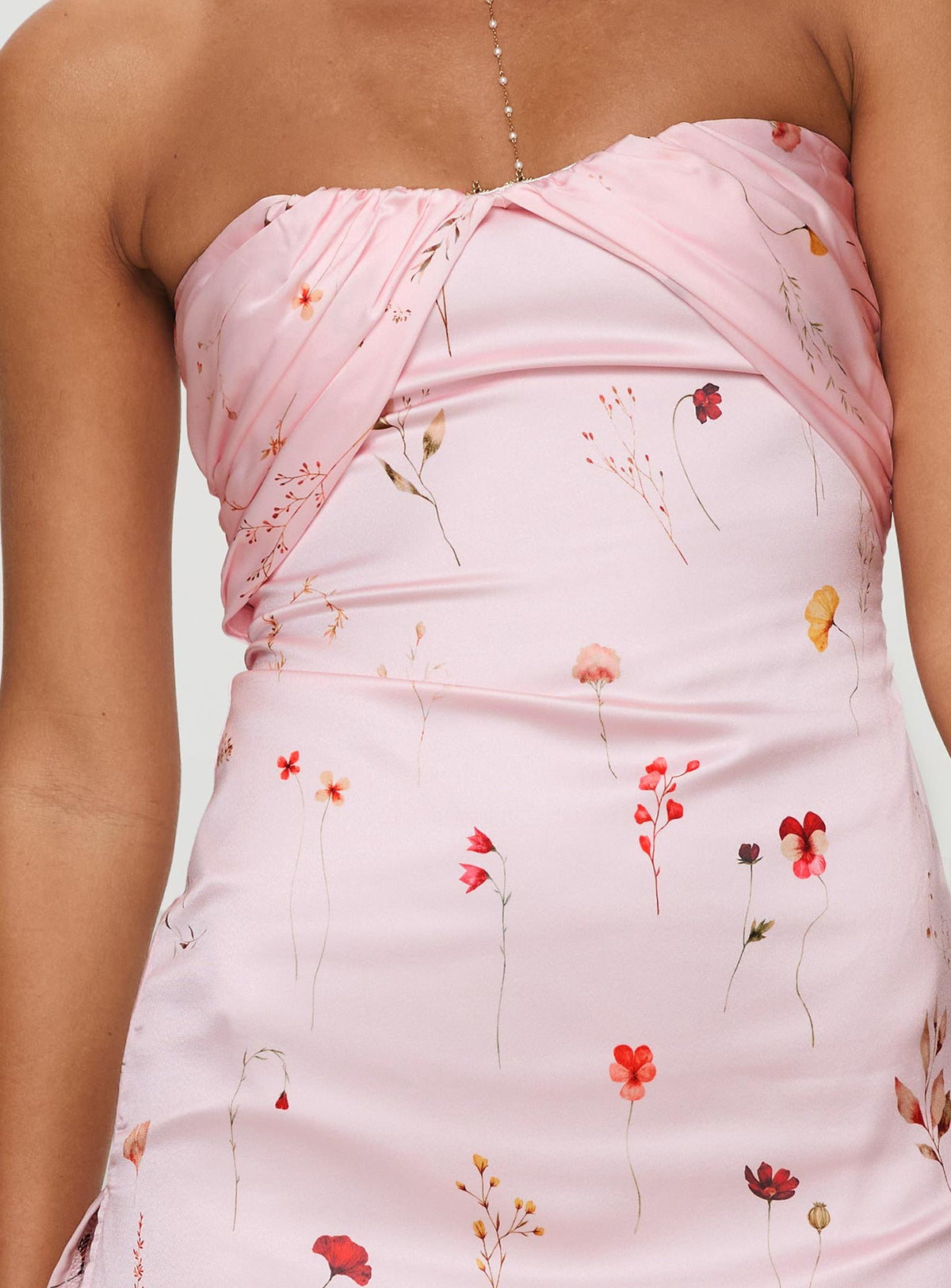 back view of model wearing Princess Polly Irena Strapless Mini Dress Pink Floral Sweetheart Neckline 