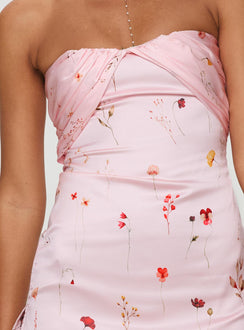 back view of model wearing Princess Polly Irena Strapless Mini Dress Pink Floral Sweetheart Neckline 