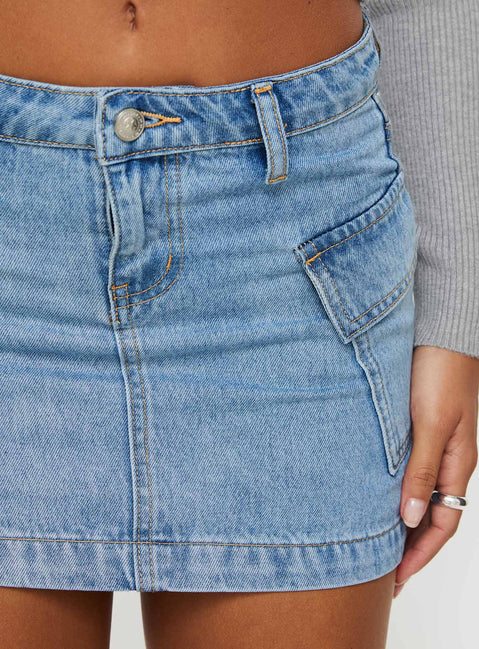 Front view of model wearing  front Zakai Cargo Denim Mini Skirt Ice Blue Princess Polly  Mini Skirts 
