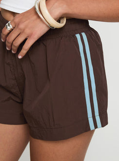 back view of model wearing Princess Polly Borderline Track Short Brown / Blue High Waisted Shorts 