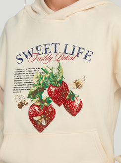back view of model wearing Princess Polly Sweet Life Graphic Sweater Cream Longline Jumpers Jumpers 