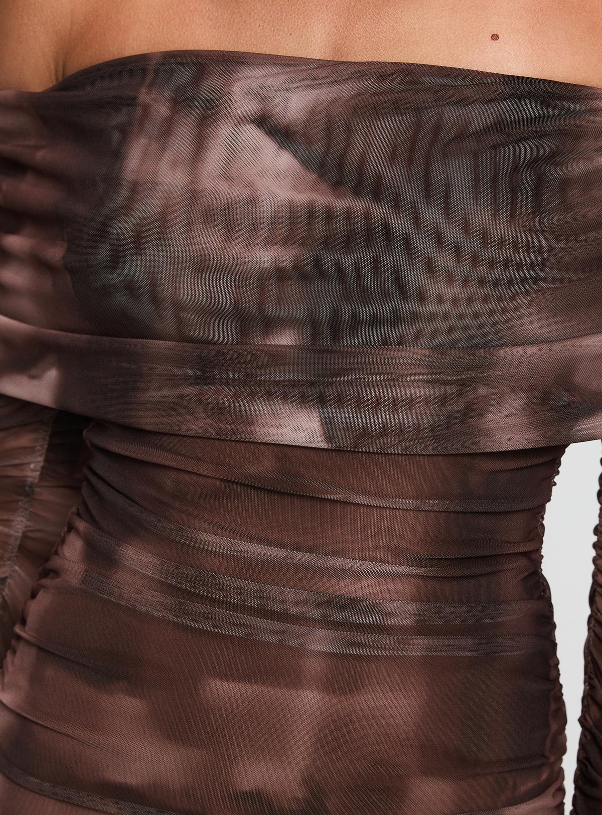 back view of model wearing Princess Polly Raquella Long Sleeve Mini Dress Brown Straight Neck 