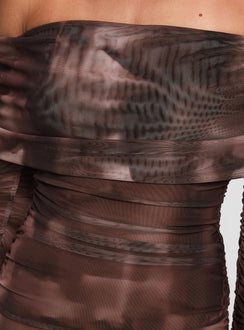 back view of model wearing Princess Polly Raquella Long Sleeve Mini Dress Brown Straight Neck 