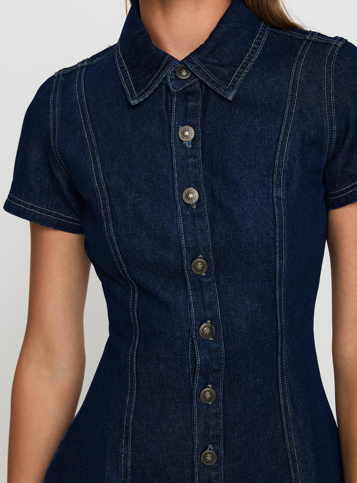 back view of model wearing Princess Polly Perception Denim Mini Dress Mid Wash High Neck 