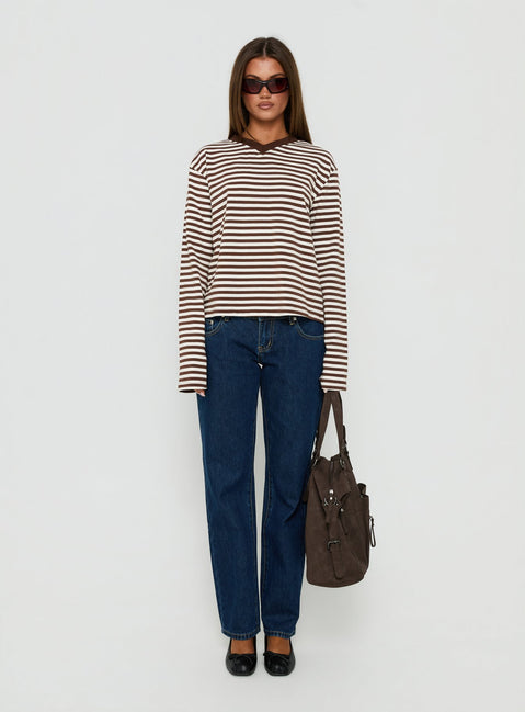Viollette V Neck Long Sleeve Top Brown Stripe