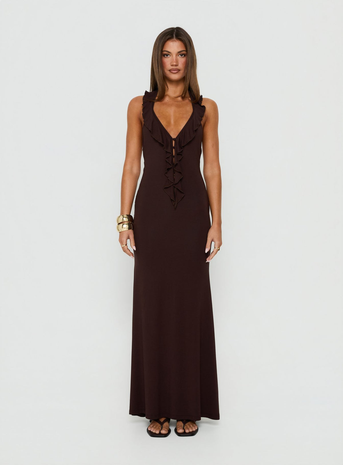 Charlique Halter Frill Maxi Dress Mahogany