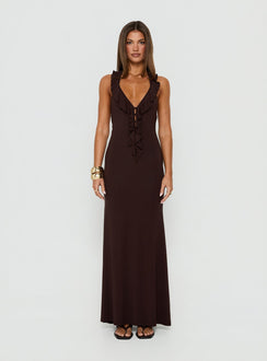 Charlique Halter Frill Maxi Dress Mahogany
