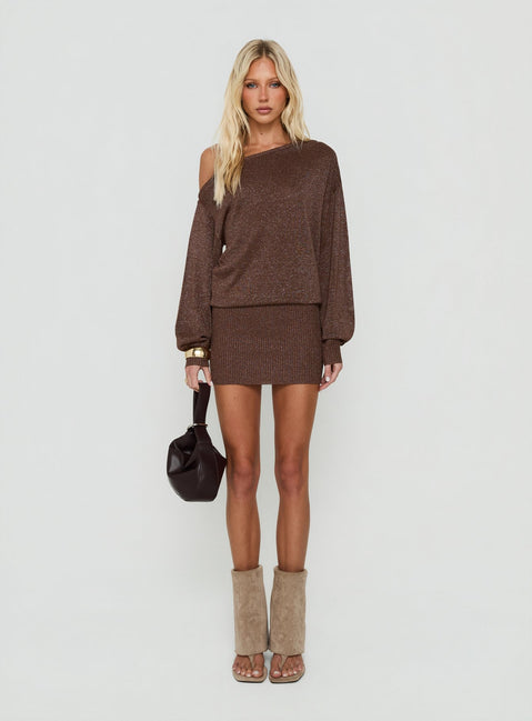 Johannah Off Shoulder Long Sleeve Knit Mini Dress Brown