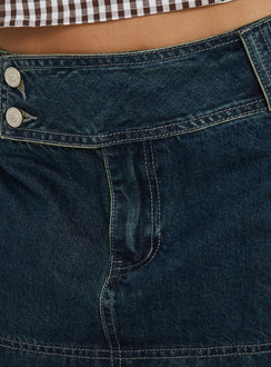 Designed with a-line shape, the Ladena Mid Rise Double Button Mini Skirt Raw Denim womens-skirts features frayed hem Princess Polly