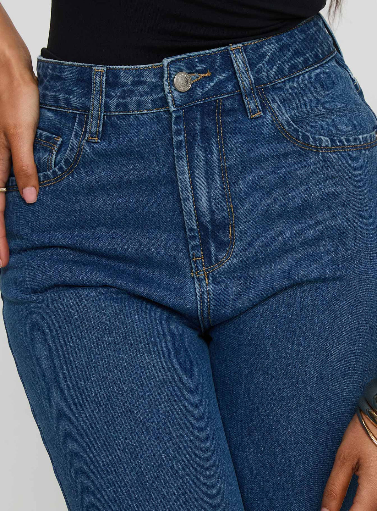 back view of model wearing Princess Polly Kalinda High Rise Straight Leg Jeans Mid Blue High Rise Jeans Jeans 