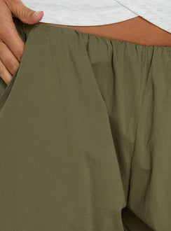 Showcasing Lunea Concealed Waistband Pants Khaki Petite in mid-rise womens-regular-pants detail view of model wearing Princess Polly