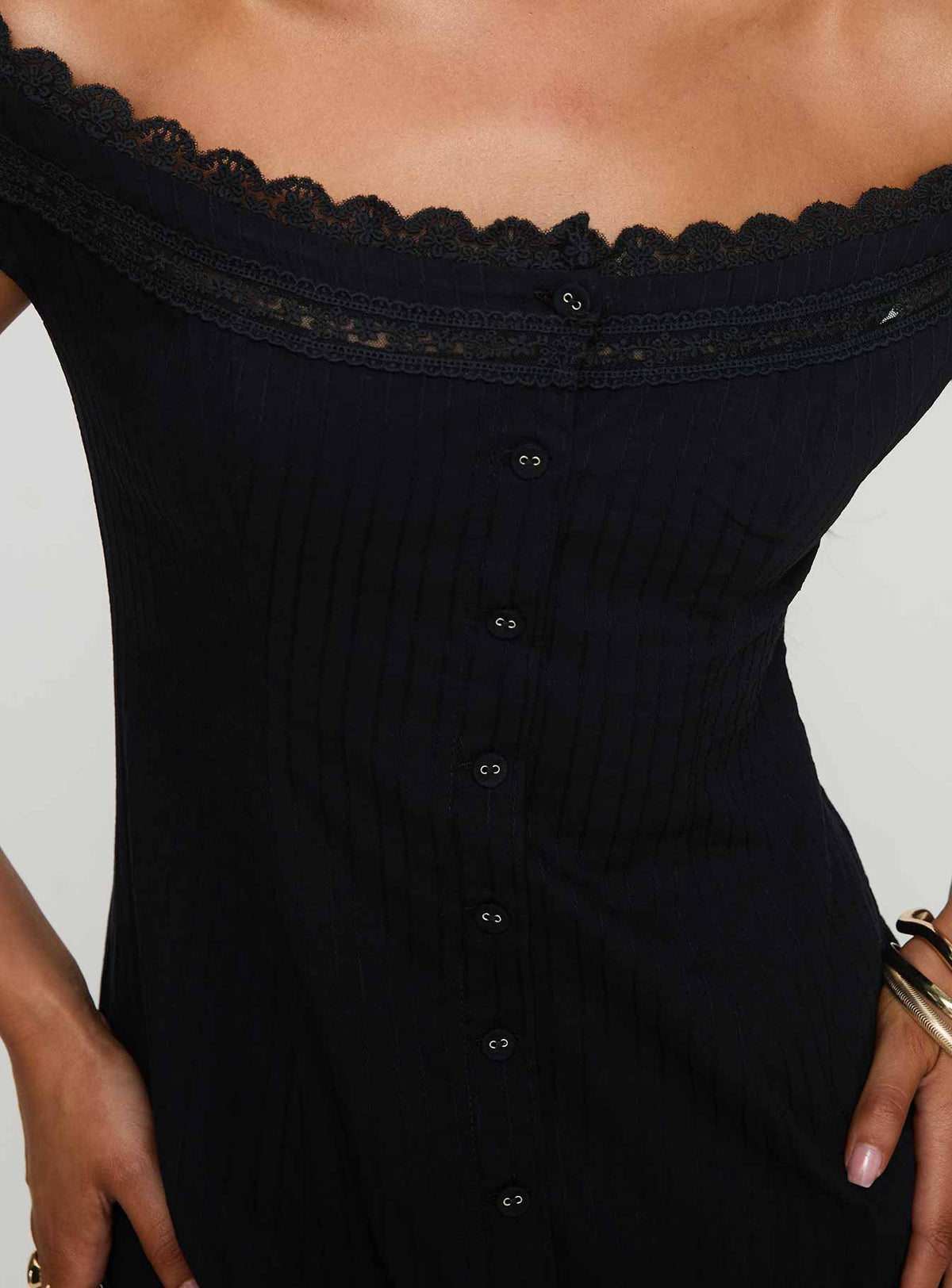 back view of model wearing Princess Polly Mirrorball Off The Shoulder Mini Dress Black Straight Neck 