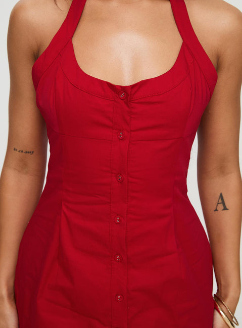 front view of model wearing Princess Polly Mallorie Halter Mini Dress Red Tall Scoop Neck 
