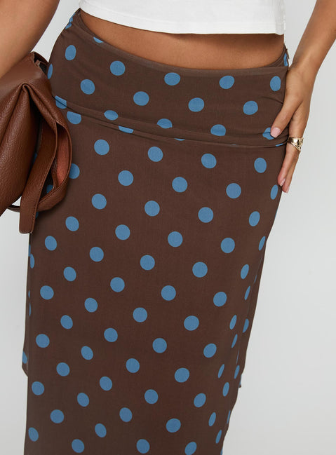 back view of model wearing Princess Polly Daphene Asymmetrical Midi Skirt Brown / Blue Polka Dot Midi Skirts Skirts 