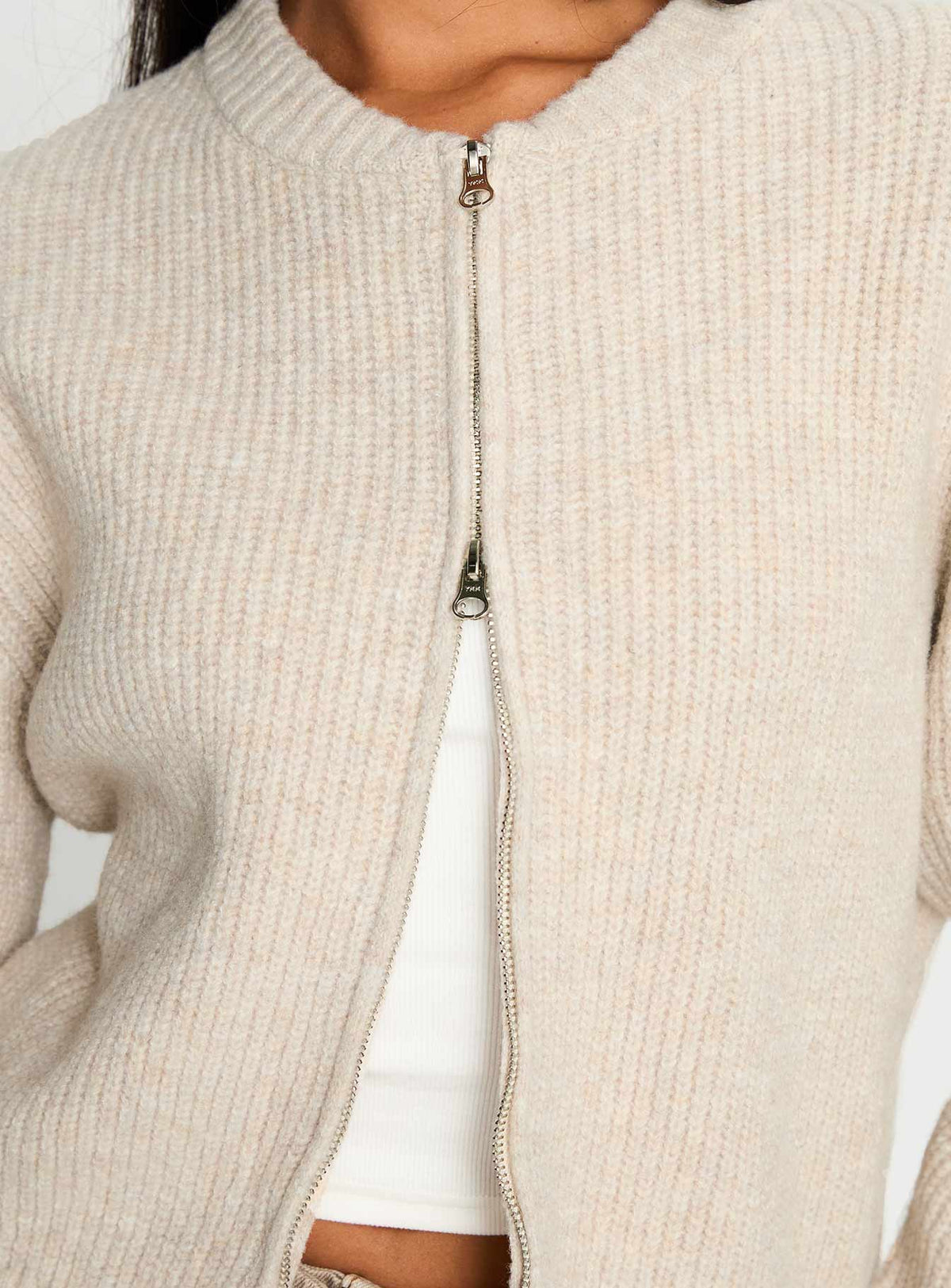 back view of model wearing Princess Polly Lexene Zip Through Jumper Oat Cropped Jumpers Jumpers 
