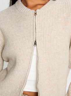 back view of model wearing Princess Polly Lexene Zip Through Jumper Oat Cropped Jumpers Jumpers 