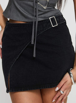 back view of model wearing Princess Polly Wait Up Denim Wrap Mini Skirt Washed Black Mini Skirts Skirts 
