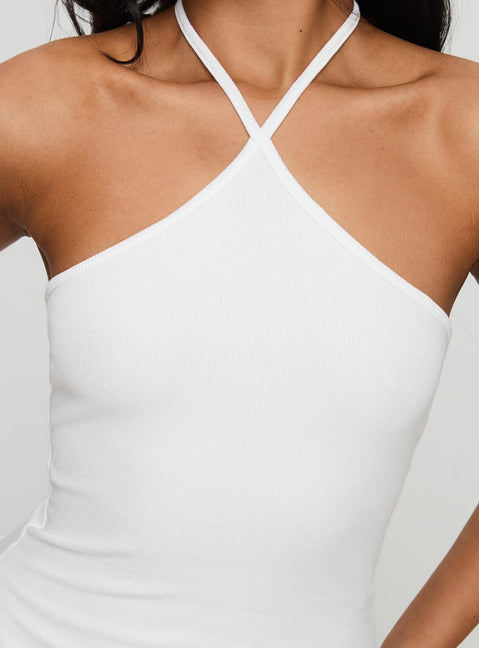 back view of model wearing Princess Polly Baseline Halter Rib Top White Sleeveless 