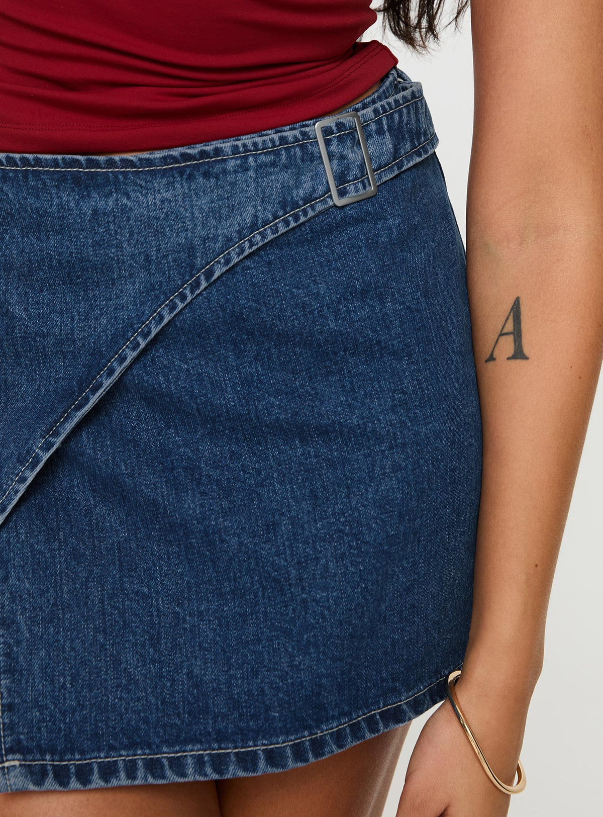 back view of model wearing Princess Polly Wait Up Denim Wrap Mini Skirt Mid Wash Mini Skirts Skirts 