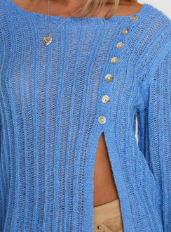 Presenting the Lenker Knit Jumper Blue womens-jumpers in short length detail view of model wearing Princess Polly
