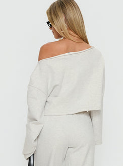 back view of model wearing Princess Polly Retreat Raw Edge Off Shoulder Jumper Snow Marle cropped Jumpers 