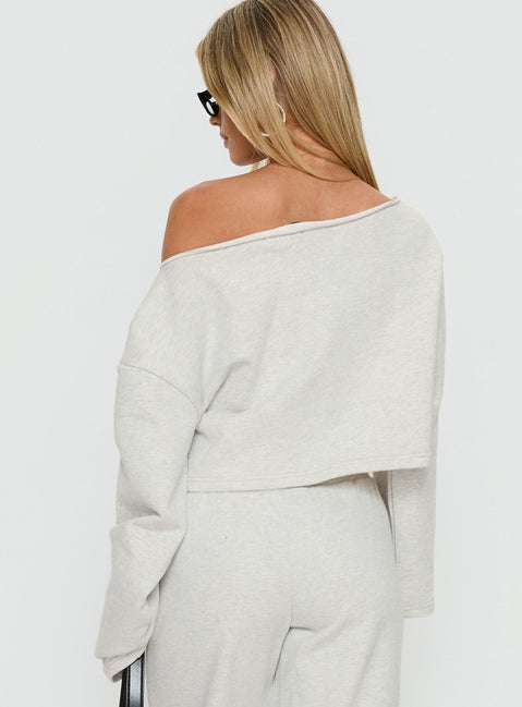 back view of model wearing Princess Polly Retreat Raw Edge Off Shoulder Jumper Snow Marle cropped Jumpers 