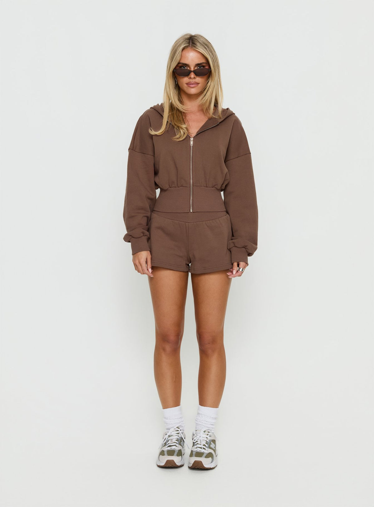 Highlighting the Daytime Cropped Blouson Hoodie Cocoa womens-jumpers with short length detail product Princess Polly