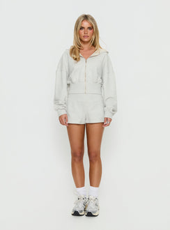 Showcasing the Daytime Cropped Blouson Hoodie Snow Marle in womens-jumpers with short length front view of model wearing Princess Polly