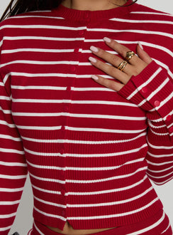 back view of model wearing Princess Polly Head In The Clouds Cardigan Crimson Stripe Jumpers 