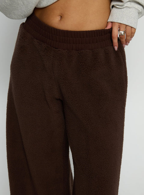 back view of model wearing Princess Polly Siberia Fleece Track Pant Chocolate Brown High Rise Pants Pants 