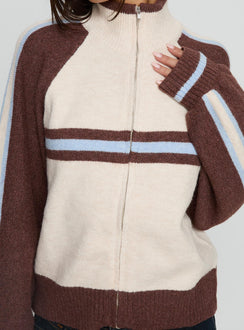 Presenting the Lexanne Zip Through Knit Jumper Cream Multi womens-jumpers with short length back view of model wearing Princess Polly