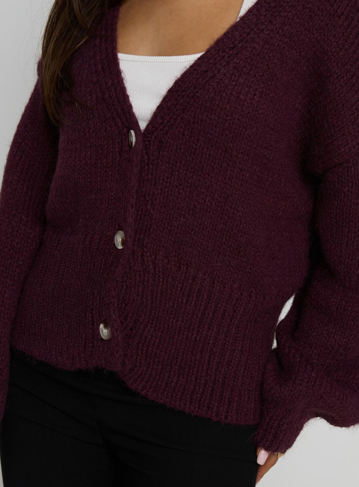 back view of model wearing Princess Polly Yasmyn Knit Cardigan Burgundy Longline Jumpers Jumpers 