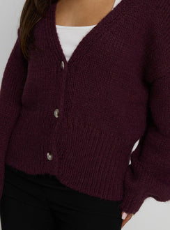back view of model wearing Princess Polly Yasmyn Knit Cardigan Burgundy Longline Jumpers Jumpers 