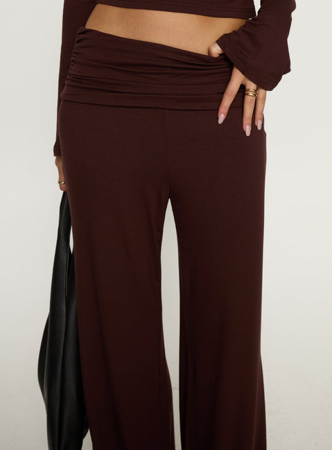 back view of model wearing Princess Polly Fawne Ruched Folded Pants Brown Mid Rise Pants Pants 