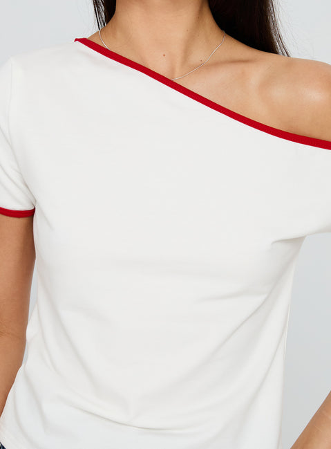 back view of model wearing Princess Polly Kelsa Off Shoulder Contrast Trim Top White / Red Short Sleeves Asymmetric Neckline 