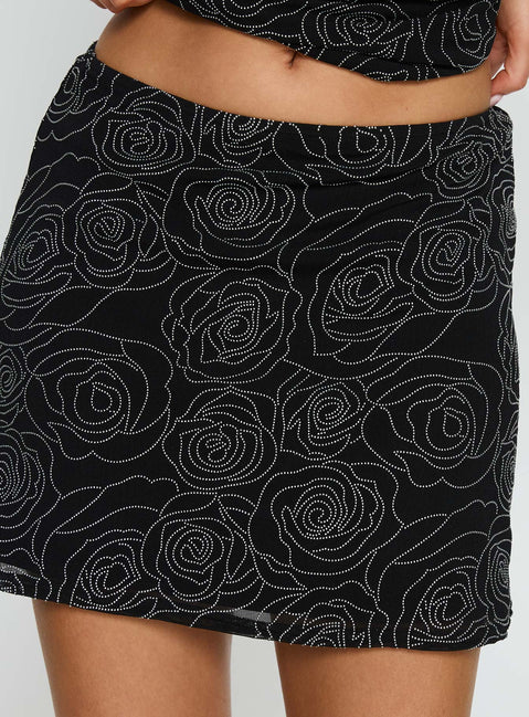 back view of model wearing Princess Polly Forget Me Diamonte Mini Skirt Black Mini Skirts Skirts 