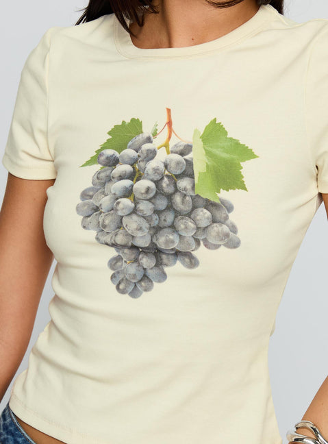 back view of model wearing Princess Polly Grapejuice Graphic Top Cream Short Sleeves Crew Neck 