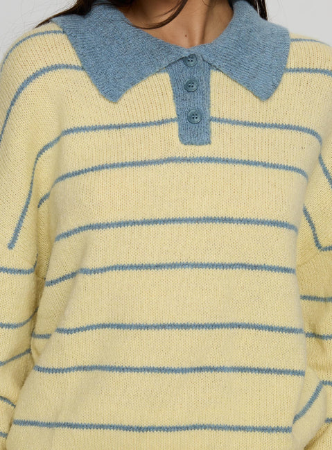 back view of model wearing Princess Polly Minda Collared Knit Sweater Yellow Stripe Jumpers 