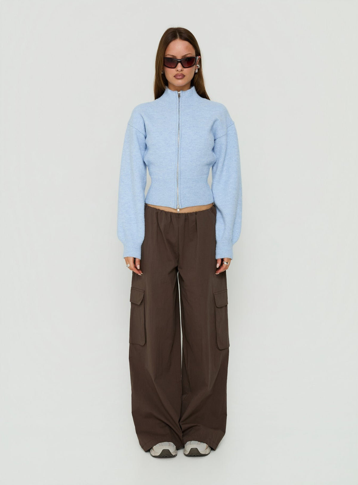 Introducing the Agneta Zip Through Funnel Neck Sweater Blue womens-jumpers with short length on-body Princess Polly