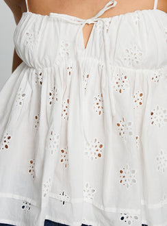 back view of model wearing Princess Polly Moving Forward Tie Detail Top White Sleeveless Square Neck 
