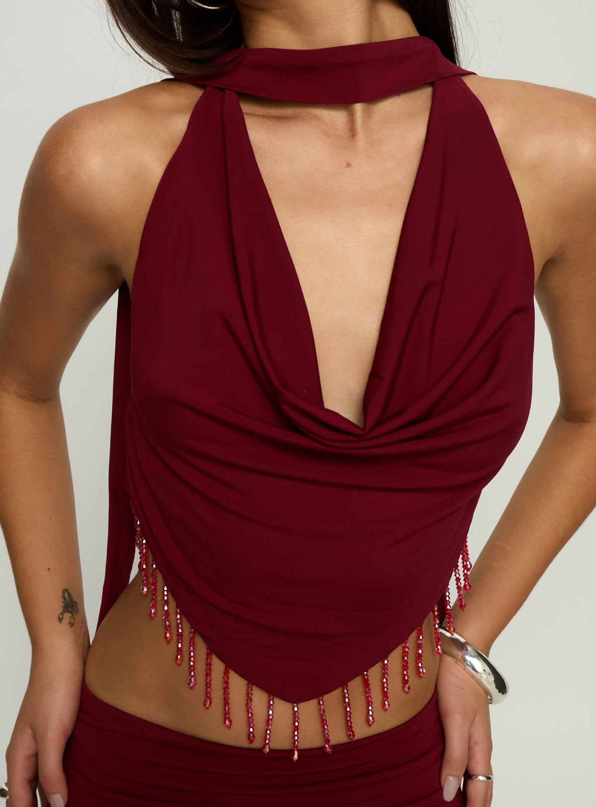 Ginah Bead Tassel Cowl Neck Top Red