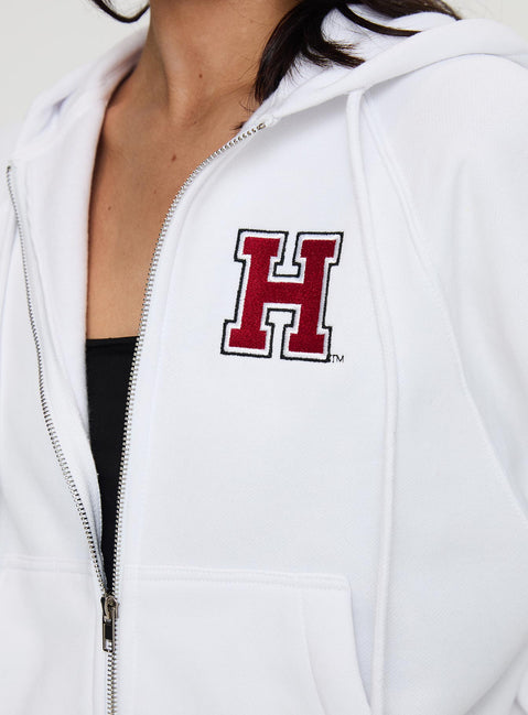 back view of model wearing Princess Polly Harvard Raglan Zip Up White / Red Jumpers 